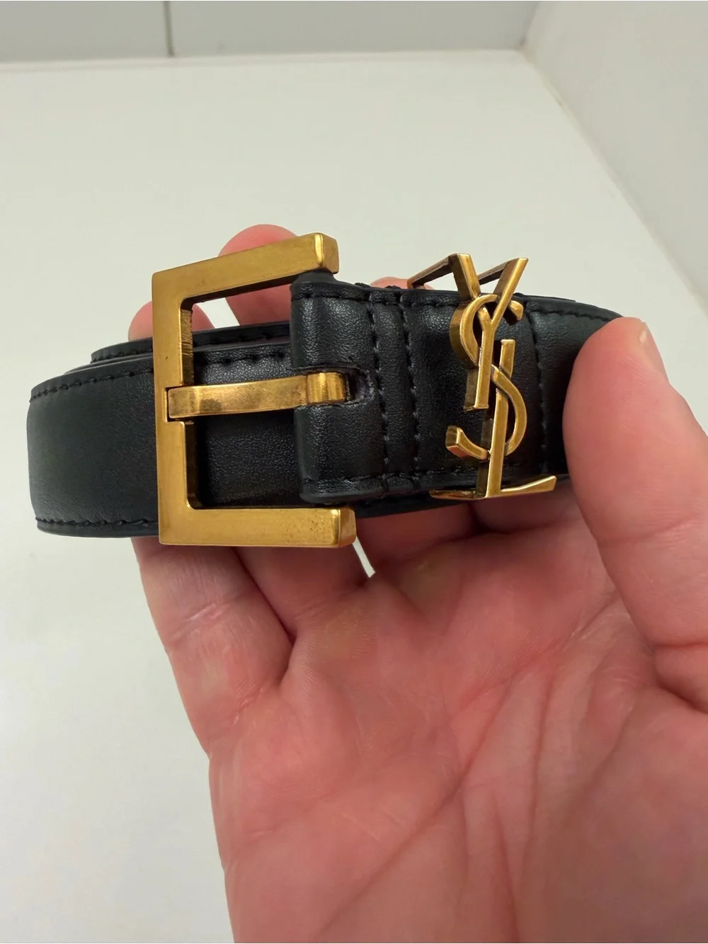Saint Laurent Paris YSL Black Leather Belt with Gold Buckle